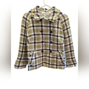 Pendleton Gold Tartan Plaid Blazer 12 Double Breasted Wool Blend Raw Hem Winter